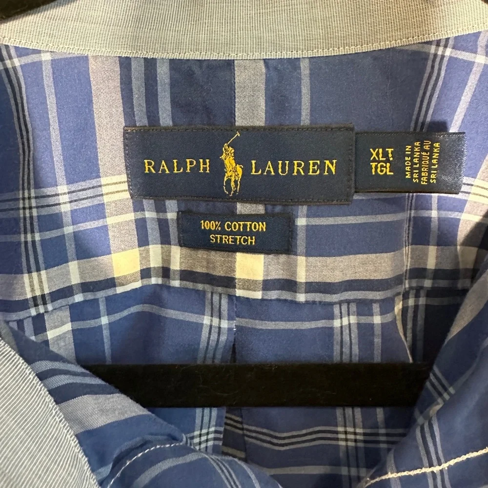 Ralph Lauren Polo 100%‎ Cotton Stretch XLT Long Sleeve Blue White Plaid Shirt